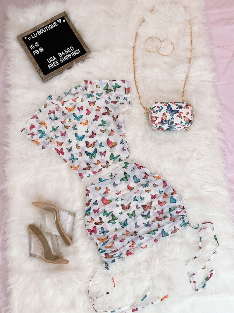 Butterfly Garden Sheer Crop Top Mini Skirt Set